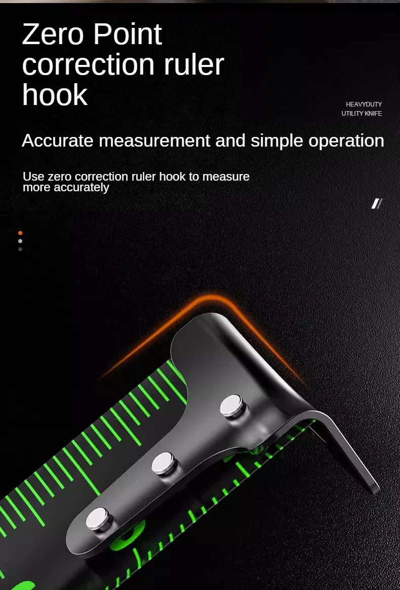 A close-up of a black zero point correction ruler hook measuring tape on a dark surface.