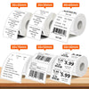 Rollen thermischer Etikettenpapier in verschiedenen Größen und Farben, darunter 30x20mm, 50x70mm und 50x50mm.