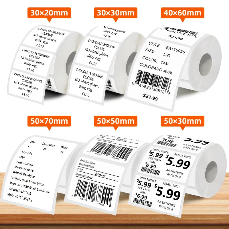 Rollen thermischer Etikettenpapier in verschiedenen Größen und Farben, darunter 30x20mm, 50x70mm und 50x50mm.