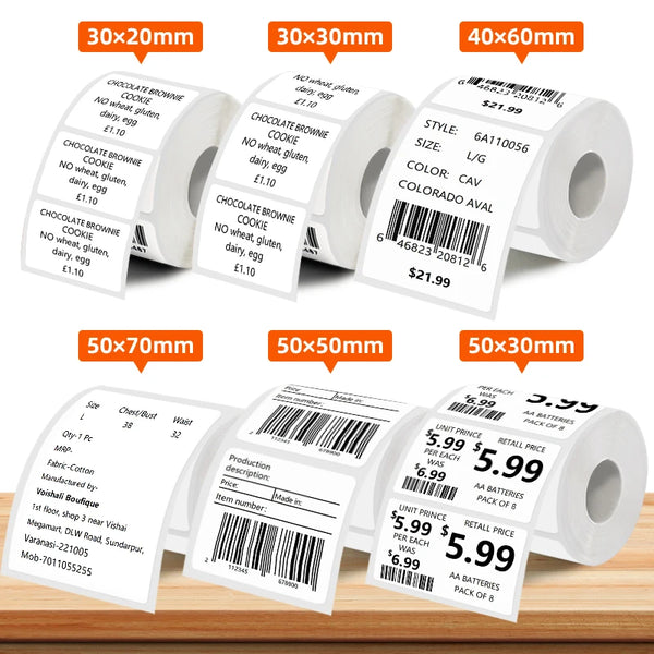 Rolls of thermal label paper in various sizes and colors including 30x20mm, 50x70mm, and 50x50mm.