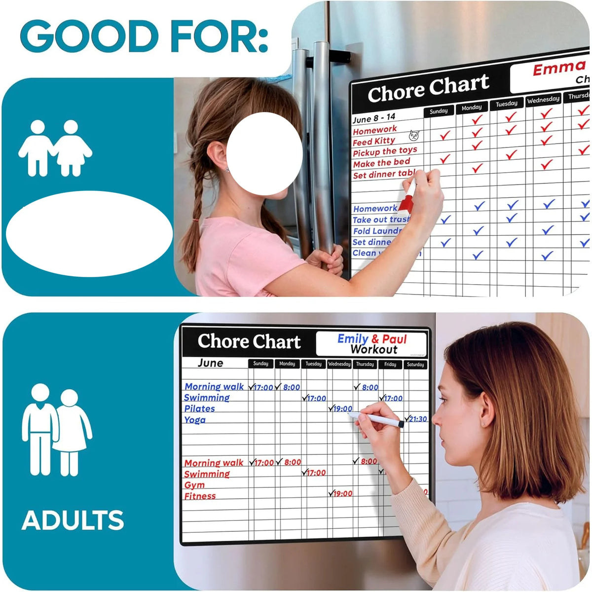 A magnetic chore chart whiteboard set showing examples for kids and adults with chore charts.