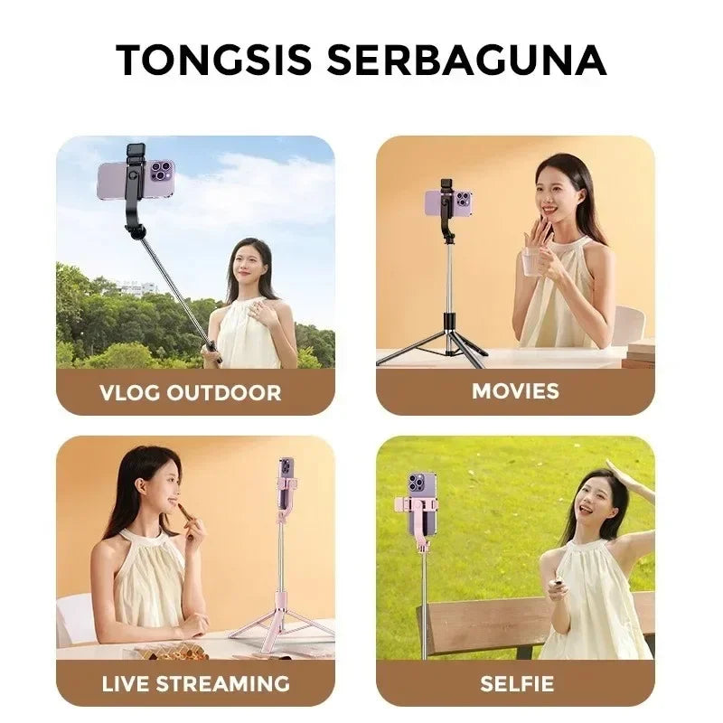 A collection of images showing various uses of a tongsis serbaguna product including vlog outdoor movies live streaming and s