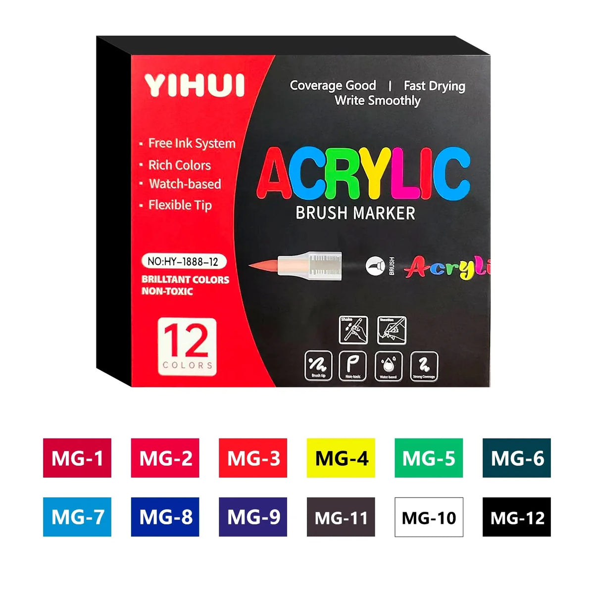 Yihui Acrylic Brush Marker set with 12 colors including MG-1 to MG-12