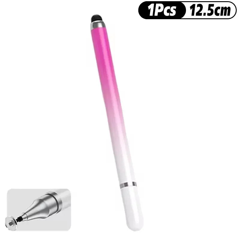 A pink universal stylus pen with a silver tip shown next to its size measurement.