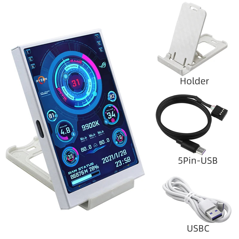 A 3.5-inch USB-C mini secondary monitor displaying PC performance stats, along with a holder and cables.