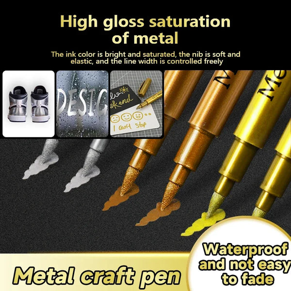 A set of high gloss saturation metal craft pens showing various colors and tips on a dark background.