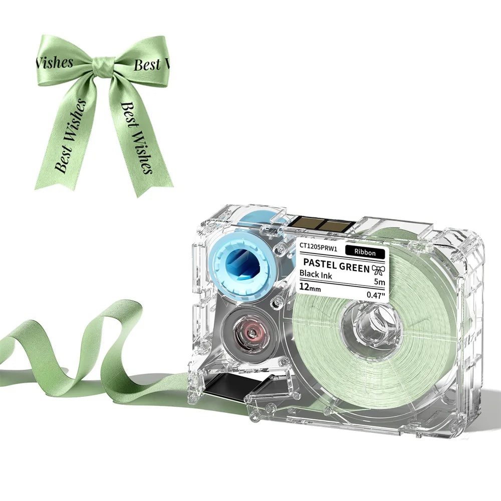 A clear label maker device with a ribbon and bow, used for creating custom stickers.