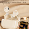 A beige wireless earbud charging case and earbuds are shown next to a smartphone, demonstrating Bluetooth compatibility.
