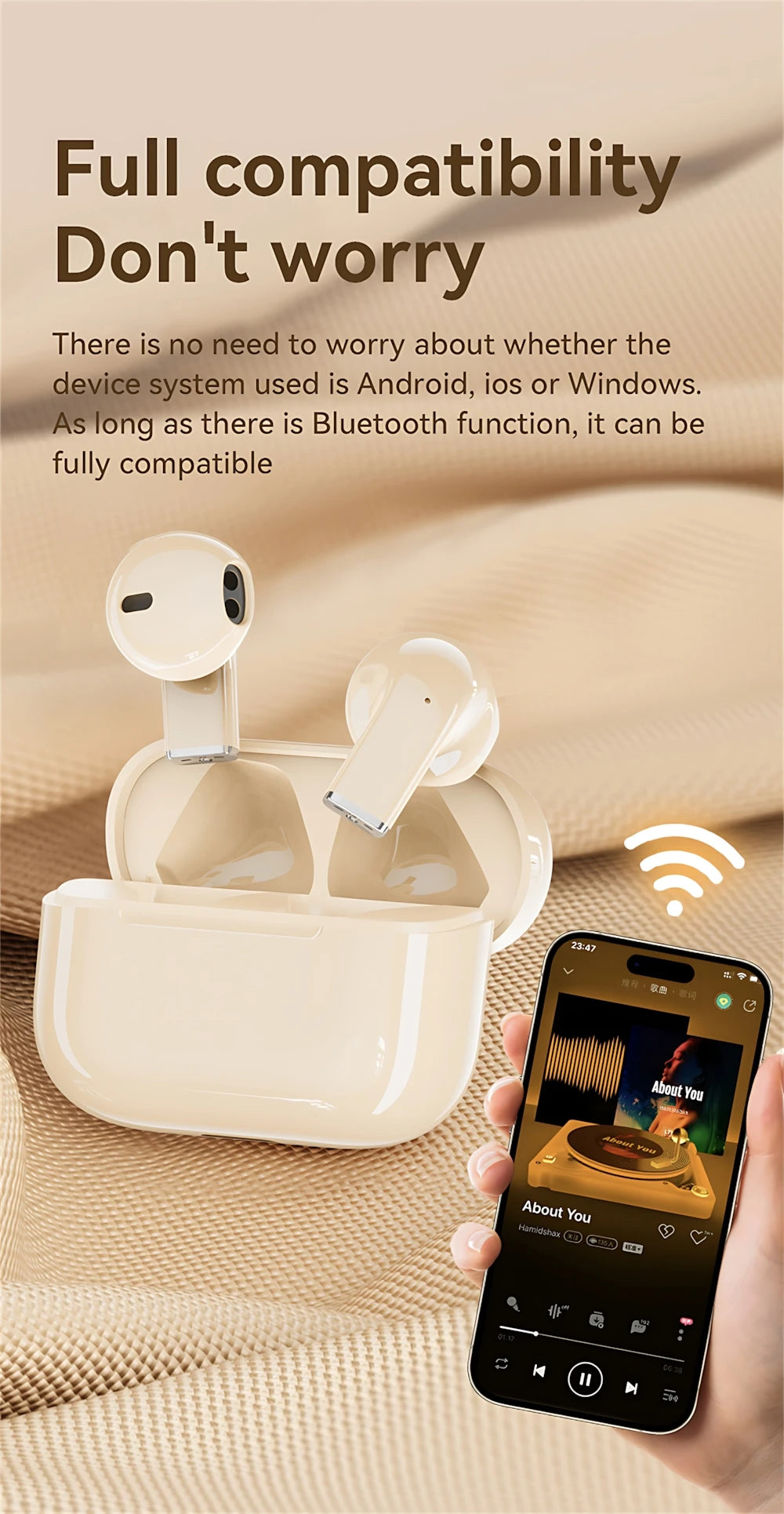 A beige wireless earbud charging case and earbuds are shown next to a smartphone, demonstrating Bluetooth compatibility.