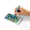 A hand holds a blue metal stylus pen touching the screen of an iPhone.