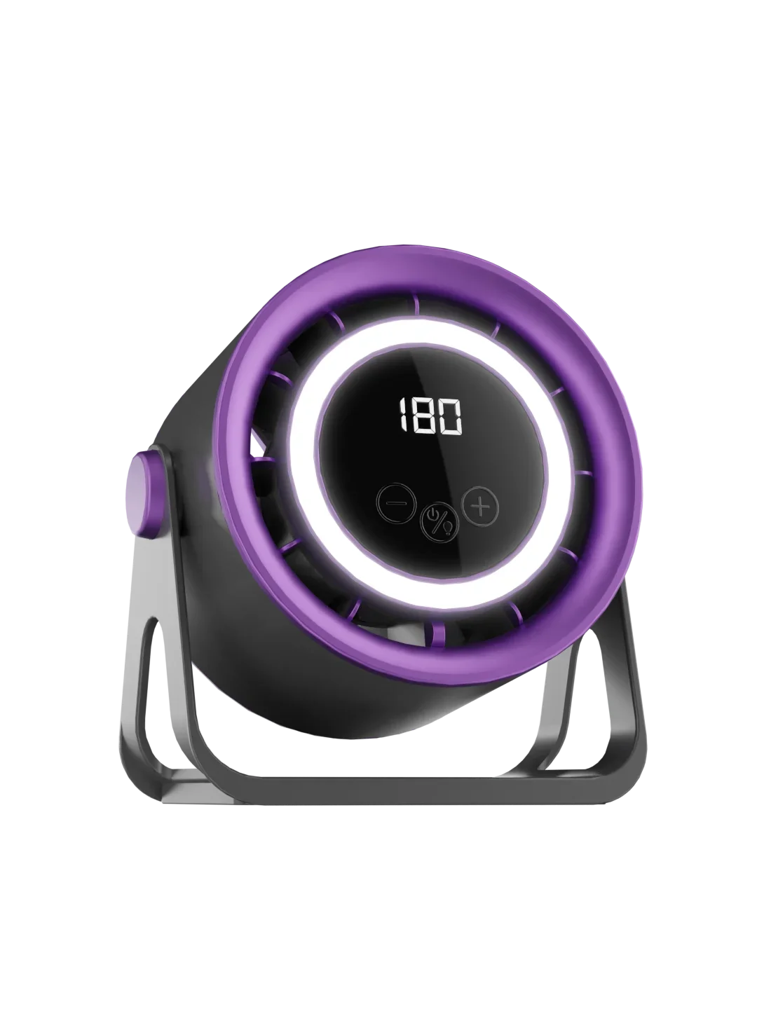 A portable rechargeable desk fan with ambient light, featuring a purple casing and a digital display showing 180.