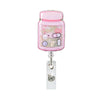 A pink anime large intestine badge reel featuring cute character designs and a clear plastic casing.