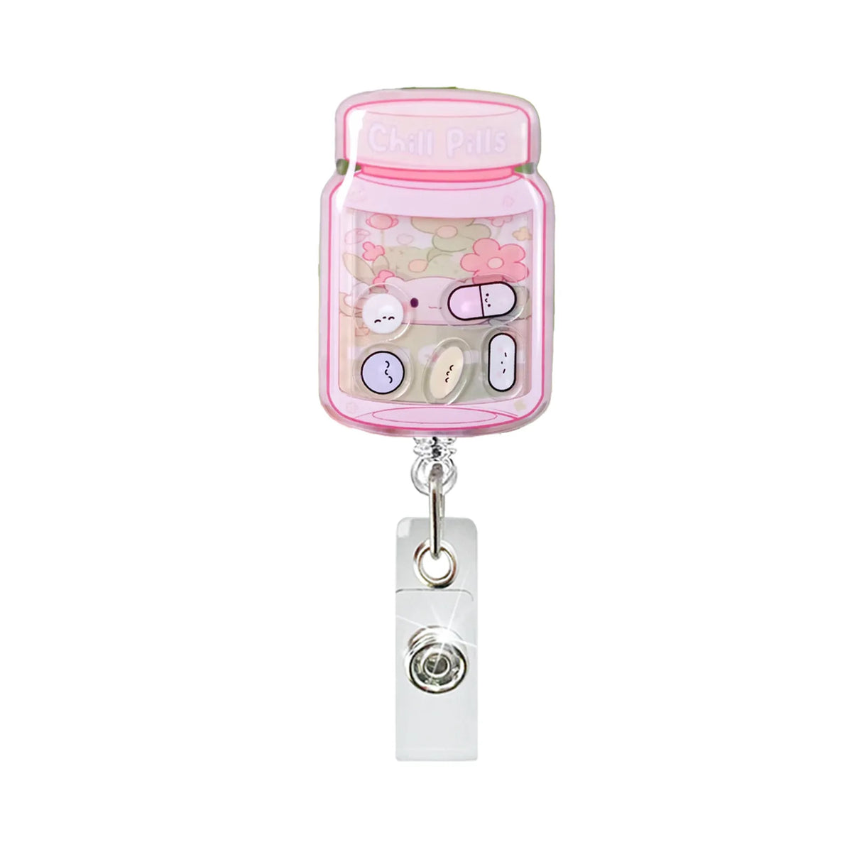 A pink anime large intestine badge reel featuring cute character designs and a clear plastic casing.