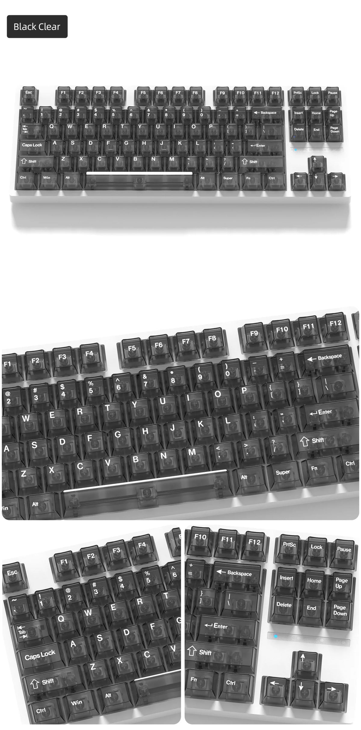 A close-up view of a black clear mechanical keyboard with various keycaps and switches.