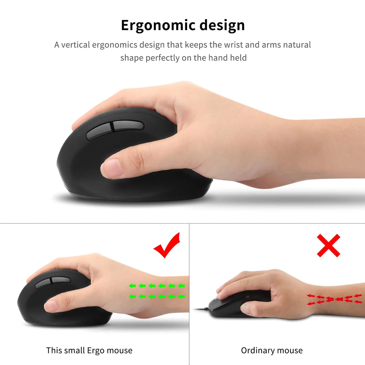 A black ergonomic vertical mouse shown in use, demonstrating its grip and design compared to an ordinary mouse.