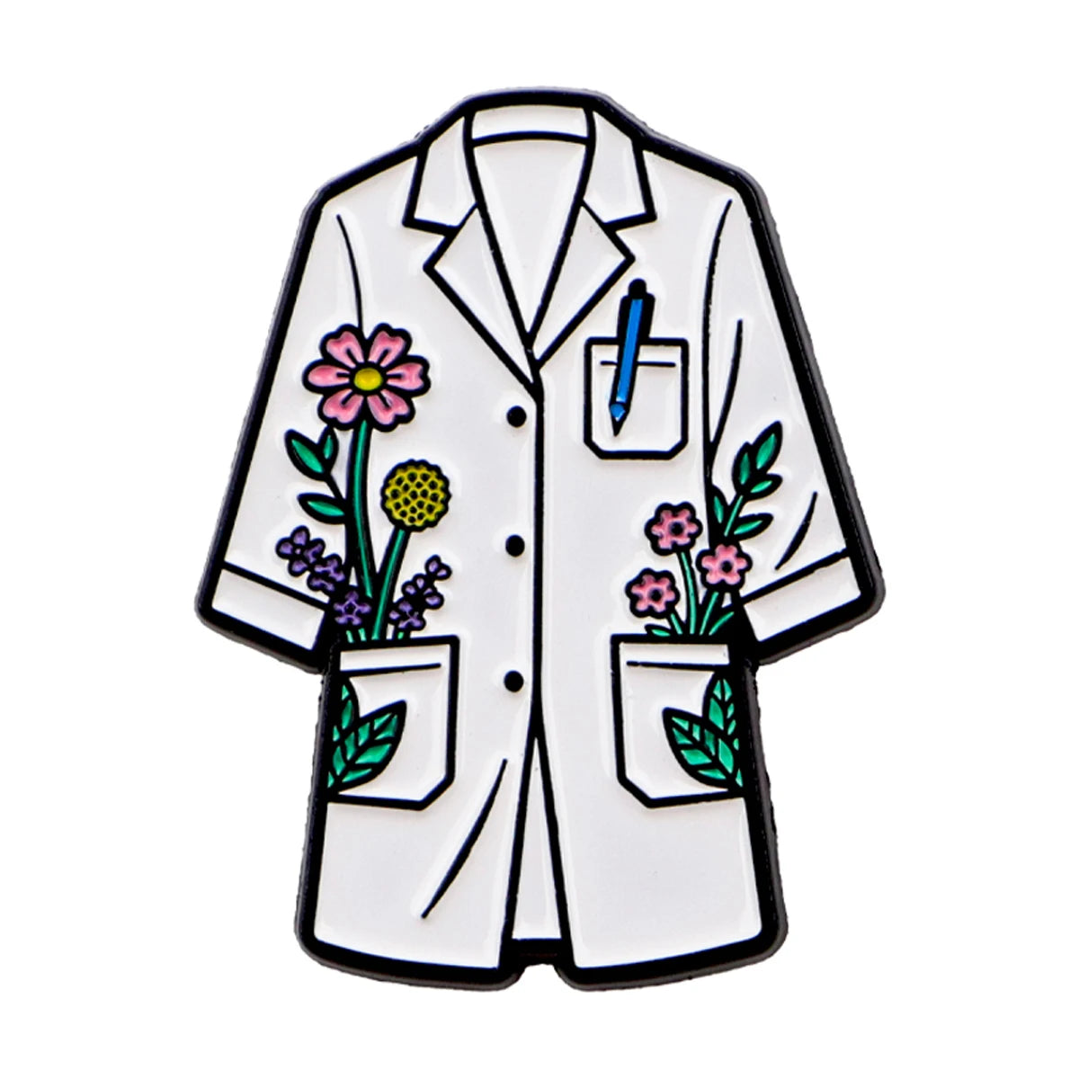 Enamel pin featuring a white doctor's coat design with floral accents.
