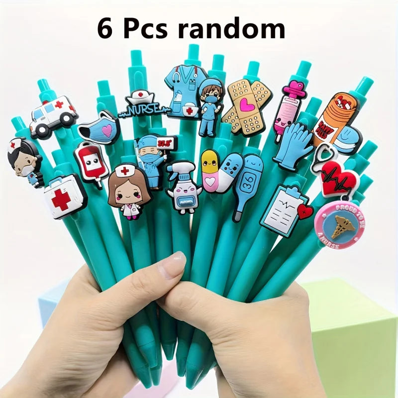 A hand holds a pack of six medical theme ballpoint pens featuring various nurse and first aid icons.