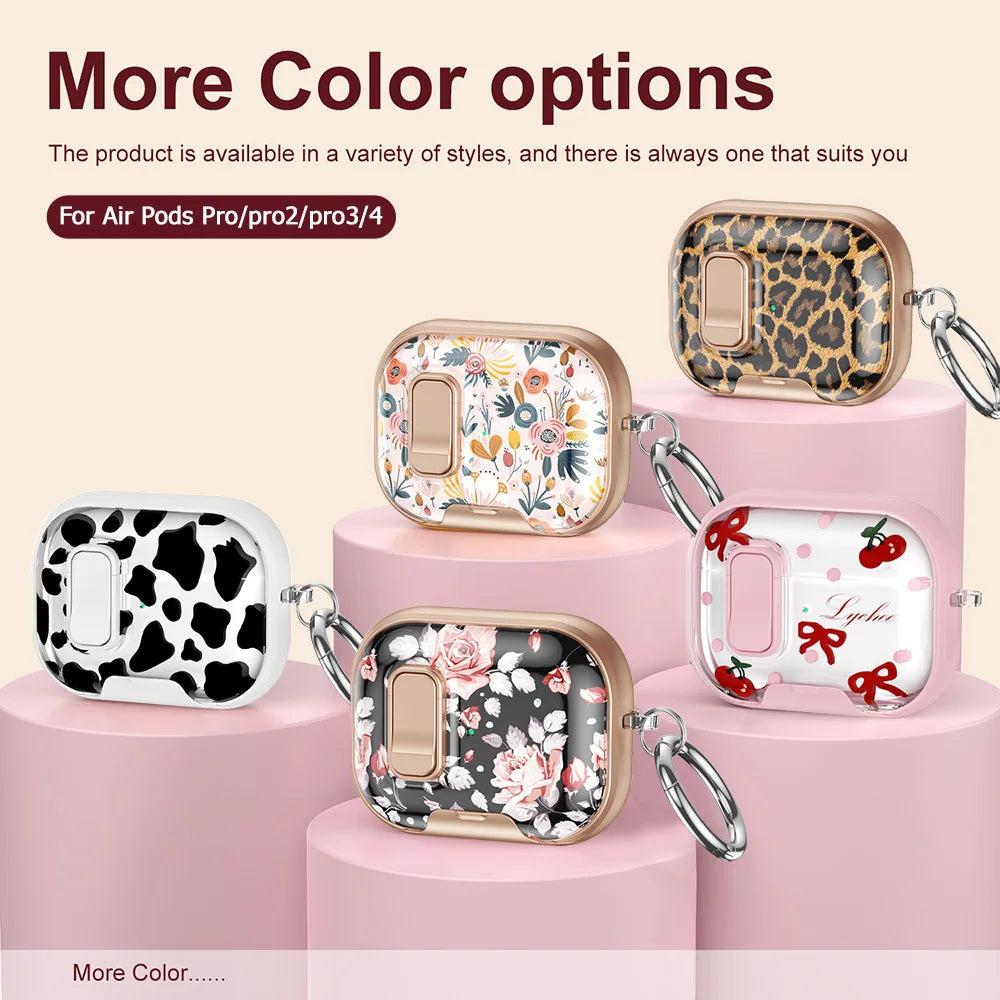 Varias opciones de color de fundas protectoras de silicona para AirPods Pro y Pro 2/3/4 mostradas en soportes rosas.