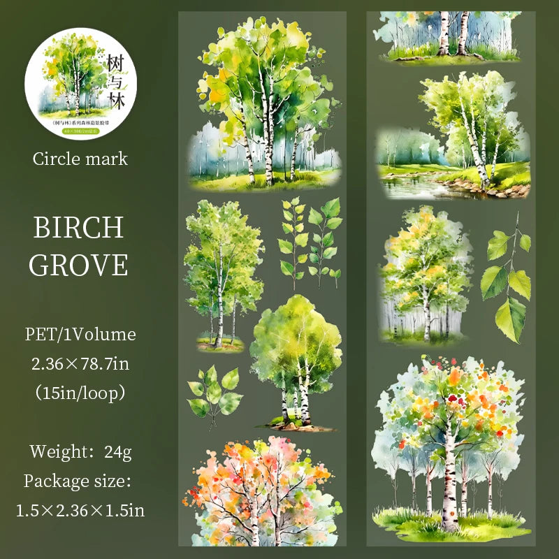 A package of Birch Grove forest botanical PET tape featuring illustrations of birch trees and green foliage.