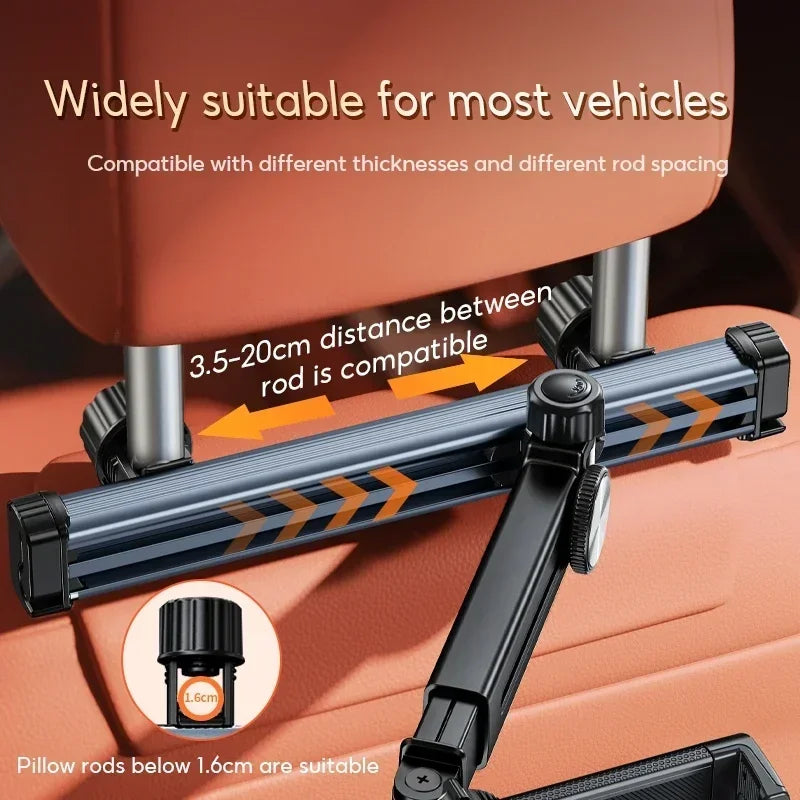 A close-up of an adjustable tablet holder for a car headrest showing compatibility with various rod spacings and thicknesses.