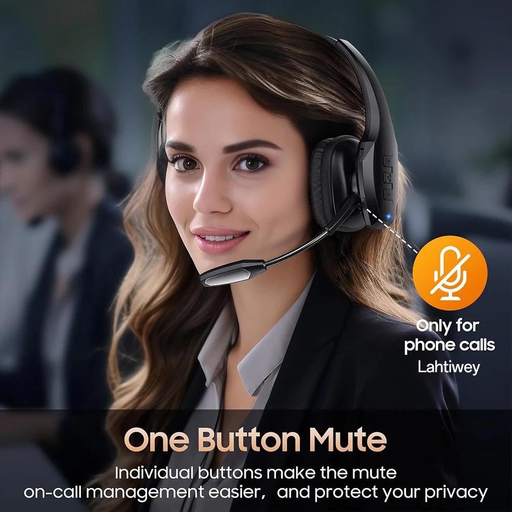 A woman wearing a black Bluetooth headset for phone calls is smiling and looking at the camera.