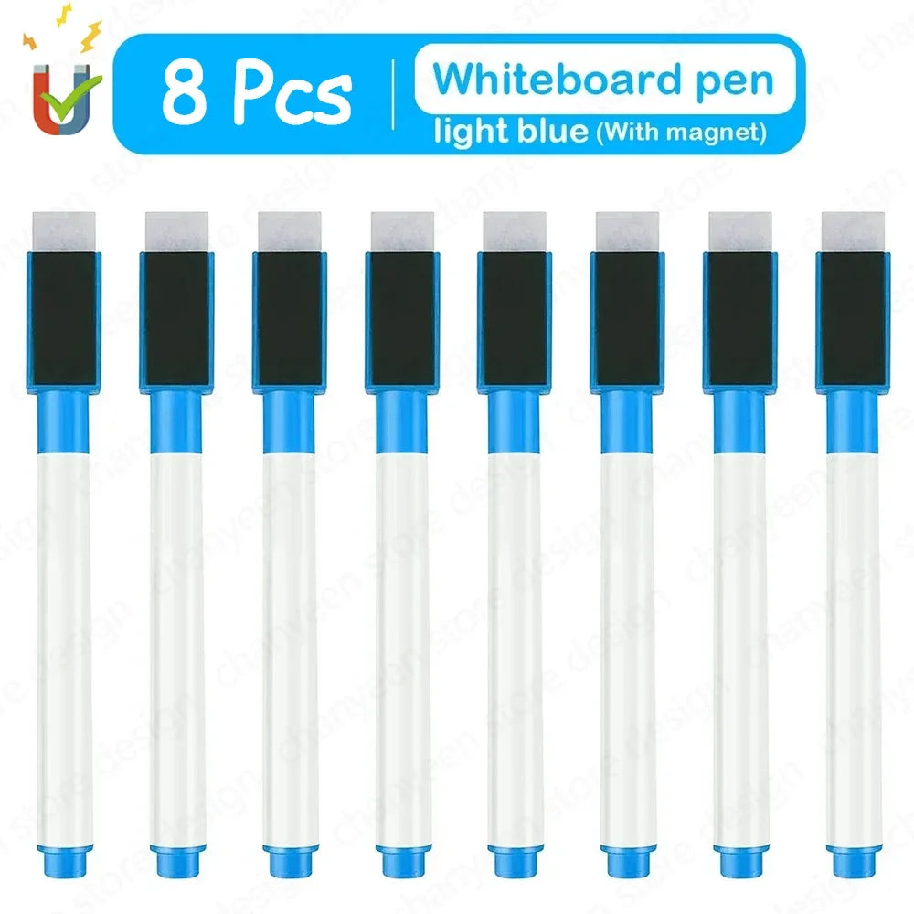 Achtpack von hellblauen magnetischen Whiteboard-Stiften mit Magneten