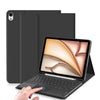 A black universal protective case with a keyboard for an iPad Air is shown, being held by a hand.