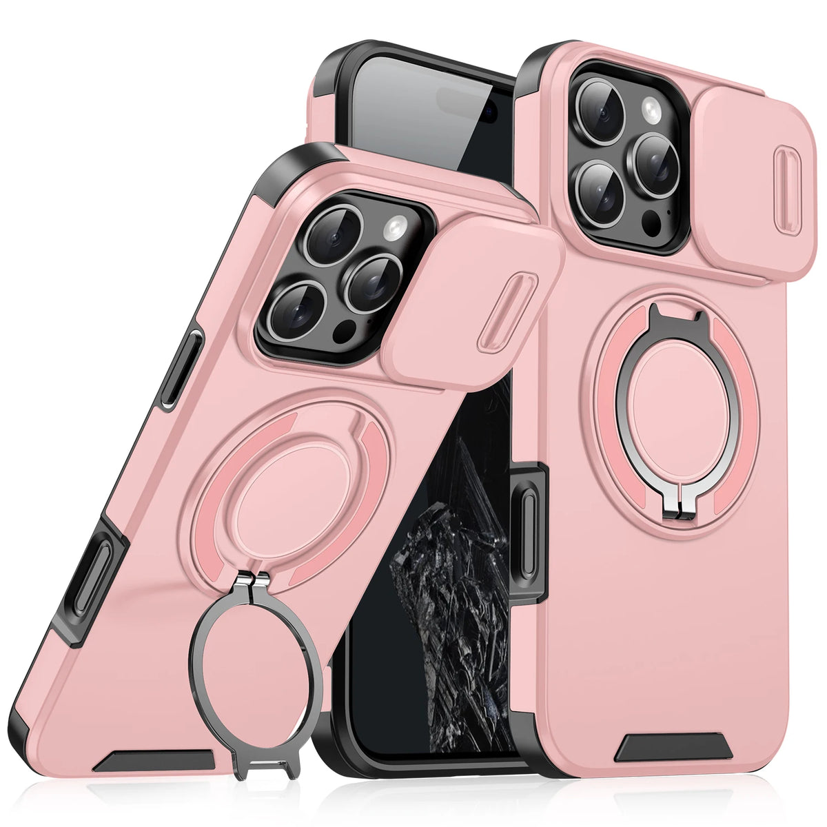 A pink heavy-duty magnetic ring stand with multiple camera lenses and a clear display.