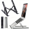 A black adjustable aluminum laptop stand shown with its components and an open laptop.