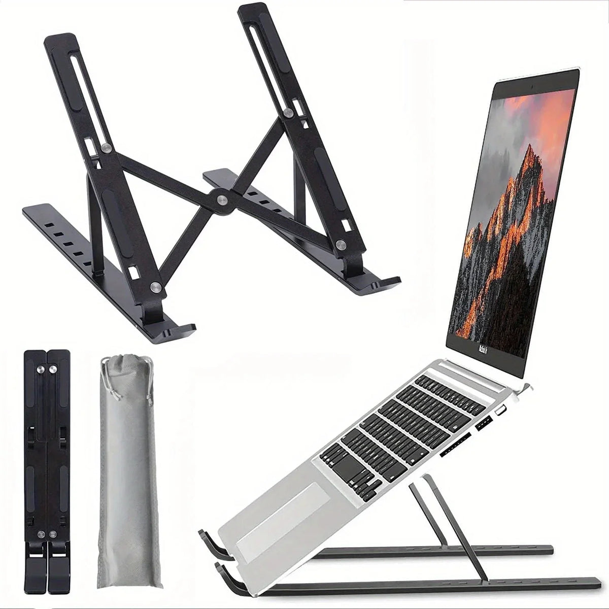 A black adjustable aluminum laptop stand shown with its components and an open laptop.