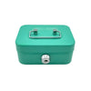A teal metal key lock cash box with a clear glass window and a silver latch.