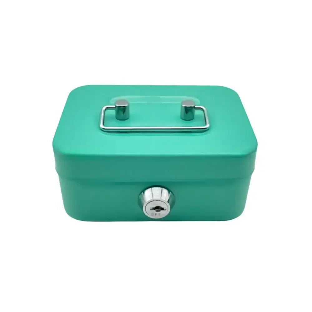 A teal metal key lock cash box with a clear glass window and a silver latch.