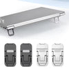 A silver foldable laptop and tablet stand riser shown in various configurations.