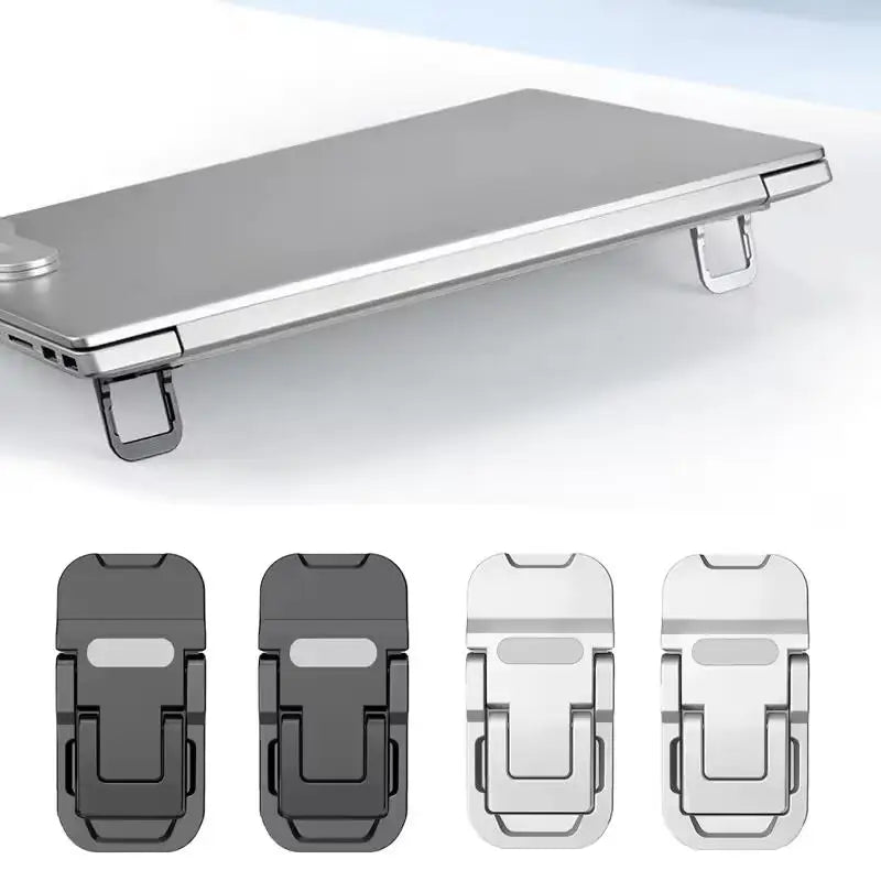 A silver foldable laptop and tablet stand riser shown in various configurations.