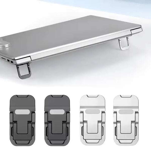A silver foldable laptop and tablet stand riser shown in various configurations.