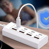 A white 8-in-1 USB wall outlet adapter is shown next to a smartphone, illustrating an intelligent shunt for fast charging.