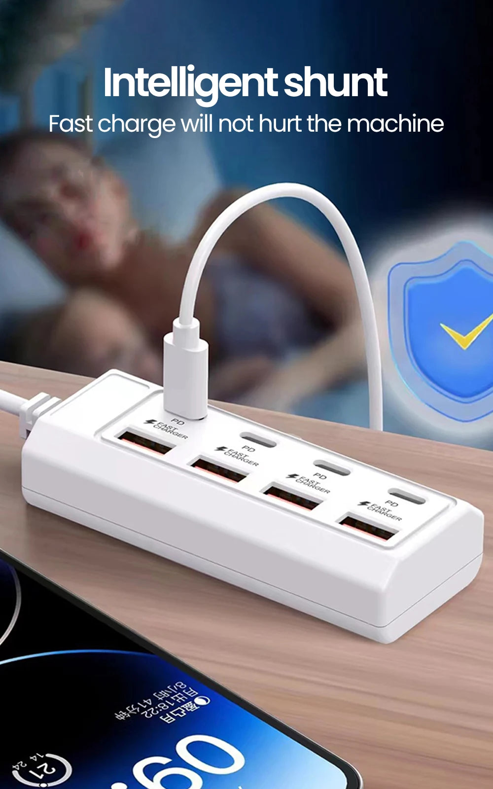 A white 8-in-1 USB wall outlet adapter is shown next to a smartphone, illustrating an intelligent shunt for fast charging.