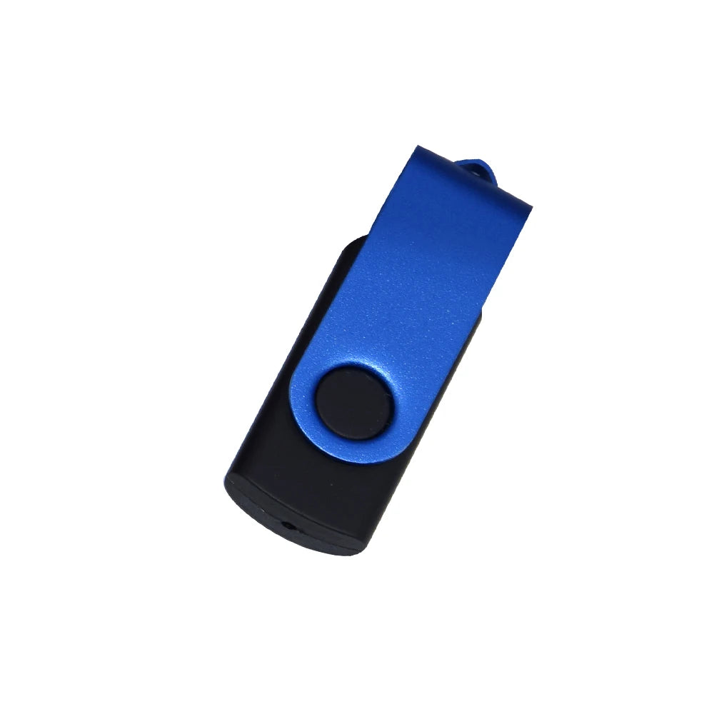 A blue and black rotatable USB flash drive with a circular button.