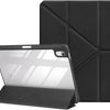 A black universal protective case for an Apple iPad is shown alongside its folded cover.