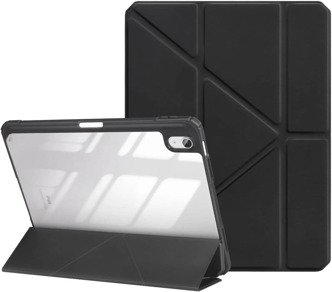 A black universal protective case for an Apple iPad is shown alongside its folded cover.