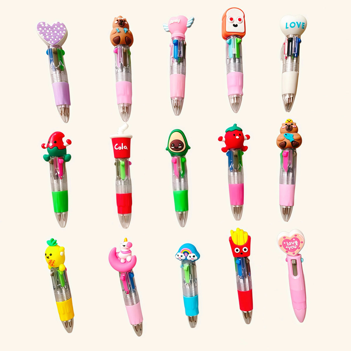 A collection of 12 multicolor kawaii ballpoint pens in various shapes and colors.