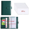 A green leather cover budget planner with an envelope system and multiple blank sheets.
