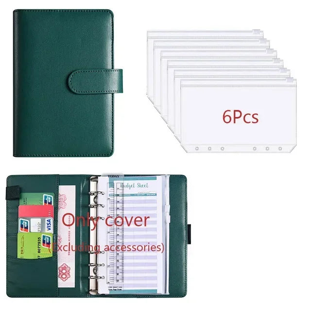 A green leather cover budget planner with an envelope system and multiple blank sheets.