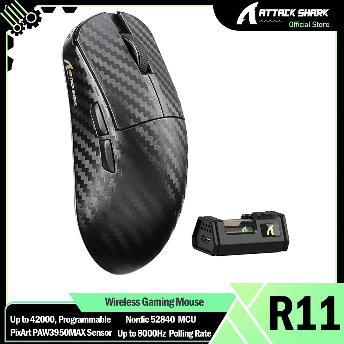 Black Attack Shark wireless gaming mouse with a detachable battery pack and textured finish