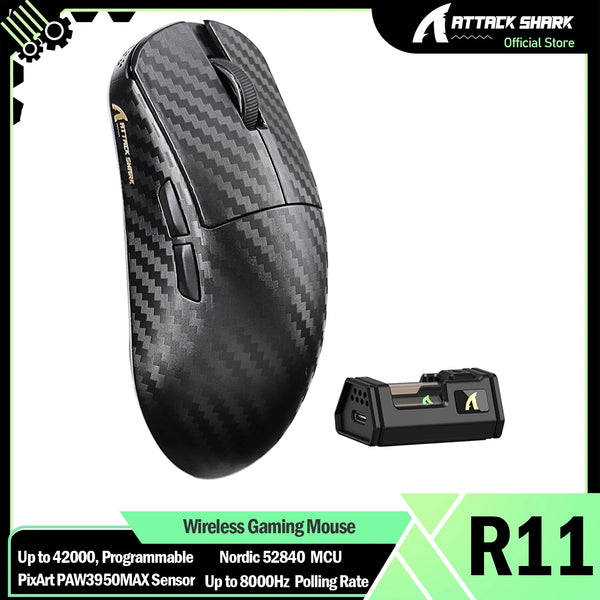 Black Attack Shark wireless gaming mouse with a detachable battery pack and textured finish
