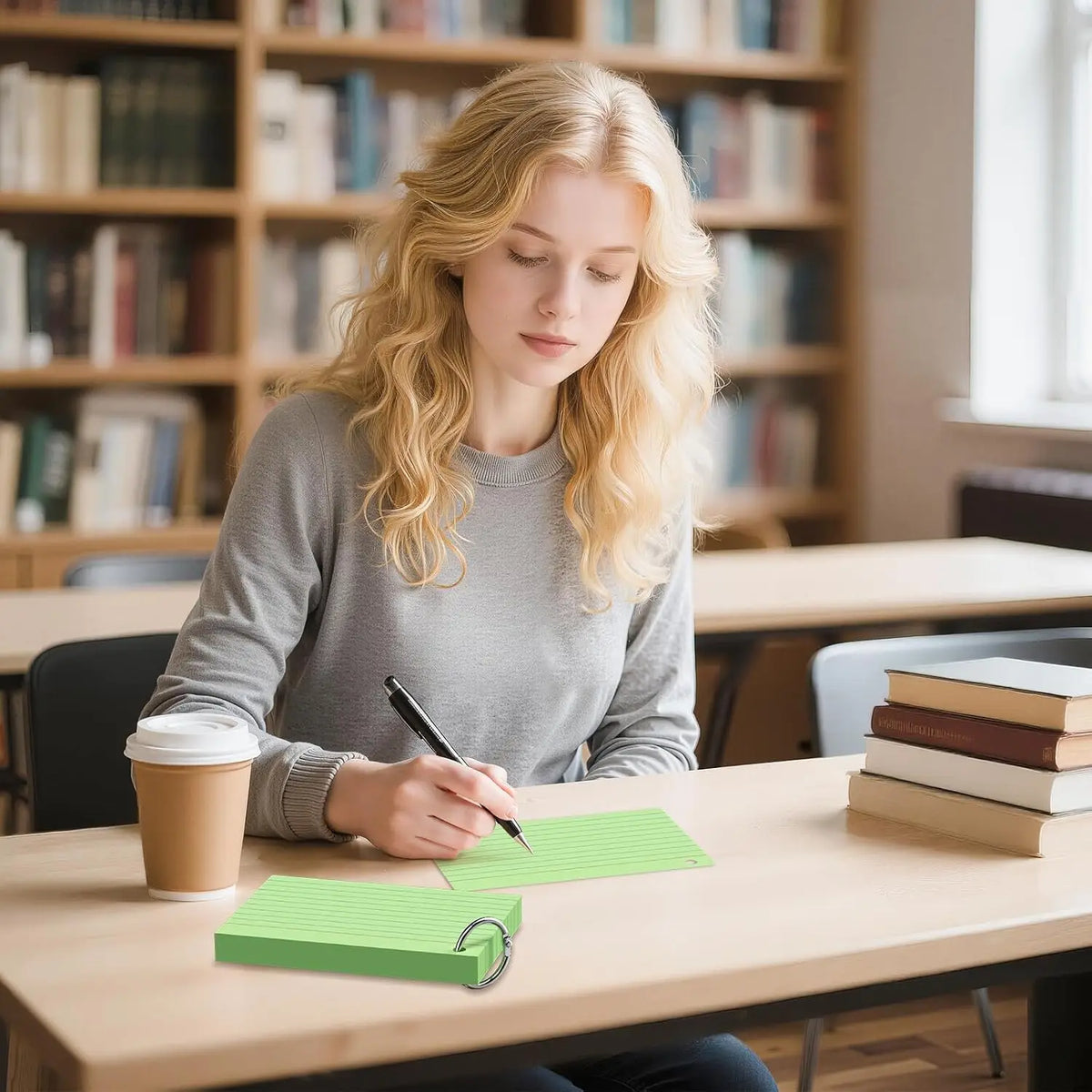 Eine junge Frau schreibt auf grünen Indexkarten an einem Holzschreibtisch in einer Bibliothek.