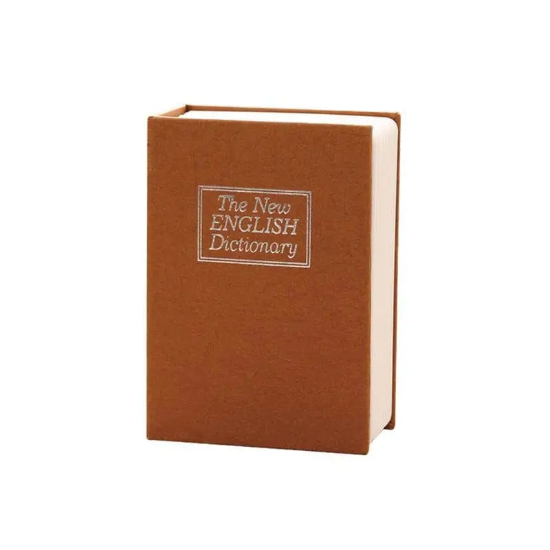 A brown book-shaped piggy bank with a lid and lock, labeled The New English Dictionary.