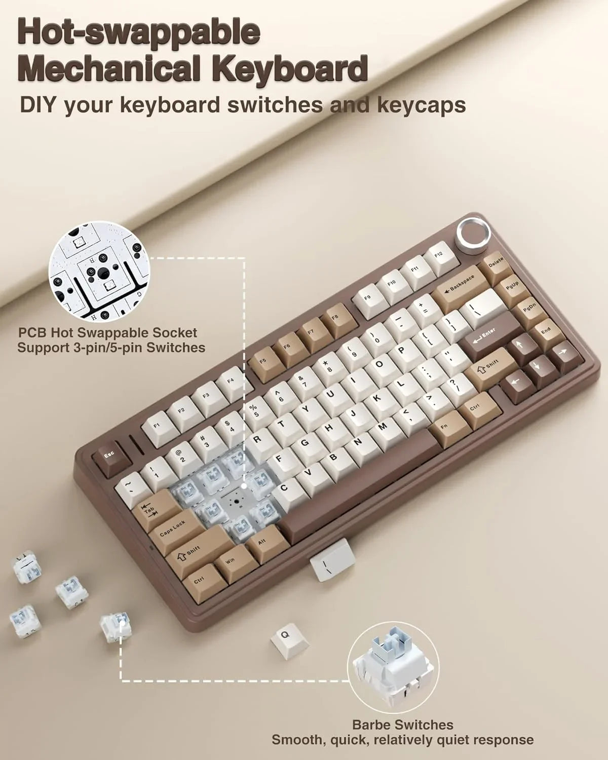 A close-up view of a hot-swappable mechanical keyboard showing various switches and keycaps for DIY customization.