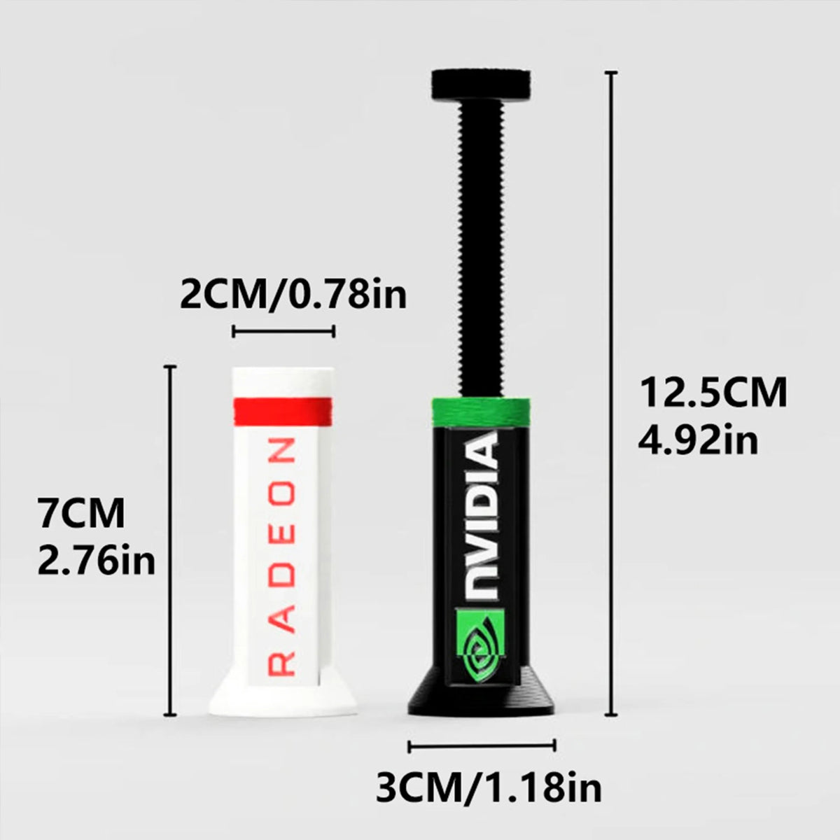 A black adjustable GPU support bracket with a threaded top and green base, shown next to a measurement scale.