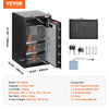 Black steel security safe box with internal compartments, accessories, and dimensions shown.